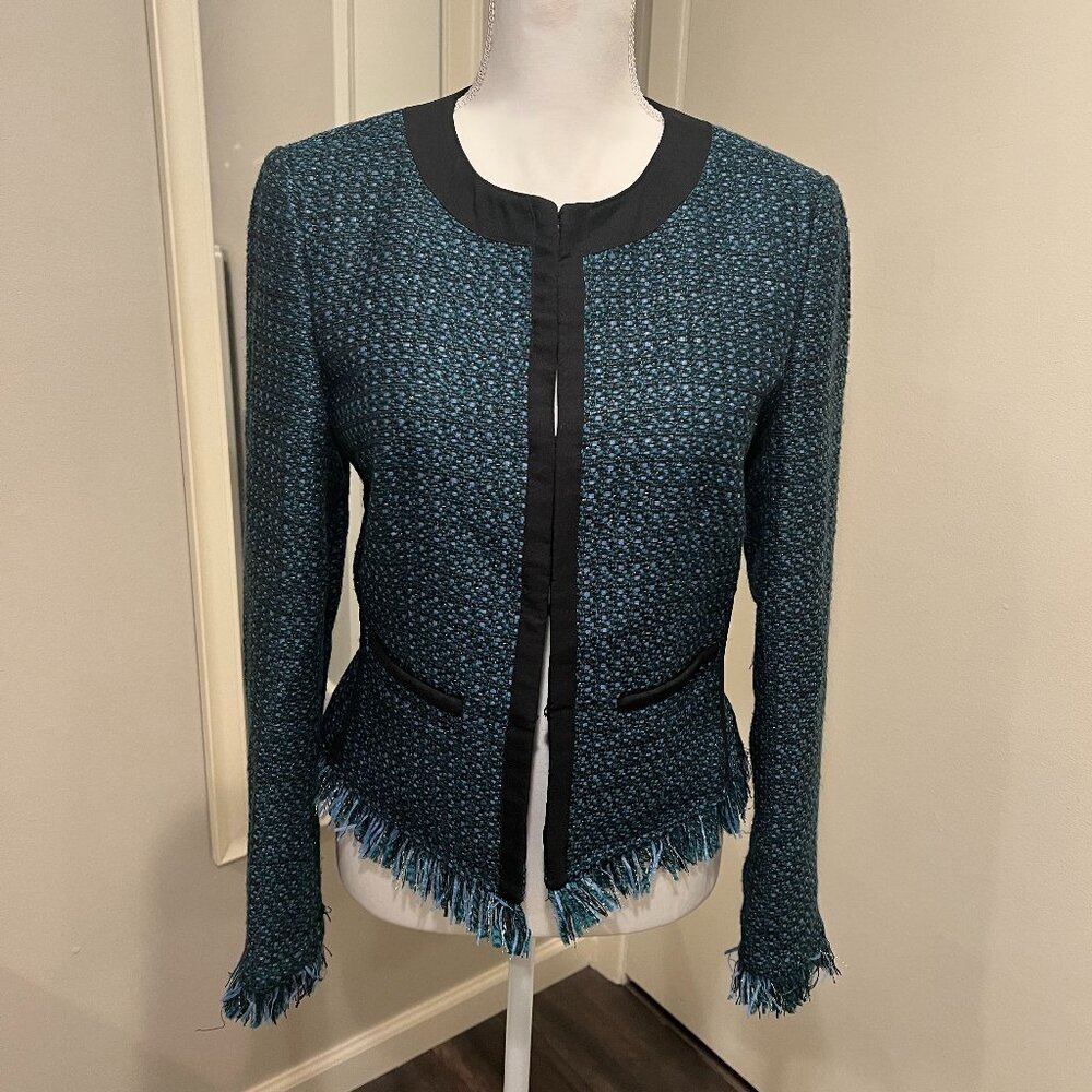 Juicy Couture Black Label Blue & Black Tweed Fringe Jacket, Size 4